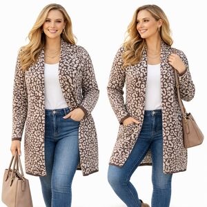 Style & Co Animal Print Cardigan 1X Plus Brown Leopard Open Front Long Sweater
